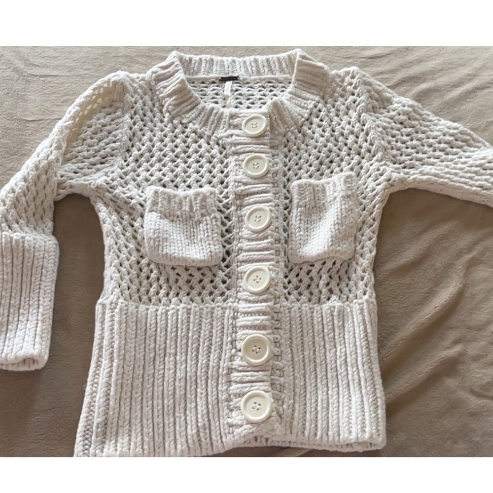Free People Cream Knit Crochet Button Front Cardigan‎ Sweater Small
